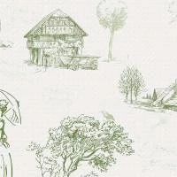 Papel de parede toile de jouy branco e verde 707-1172