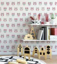 Papel de parede corujinhas kawaii branco e rosa
