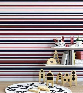 Papel de parede listrado vermelho, preto e branco horizontal