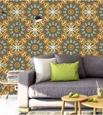 Papel de parede mandala floral em cinza e amarelo