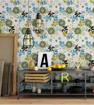 Papel de parede retro com fundo branco e flores em tons de azul e verde