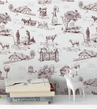 Papel de parede toile de jouy vermelho terra e branco 704-2183