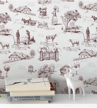 Papel de parede toile de jouy branco e preto