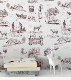Papel de parede toile de jouy vermelho terra e branco
