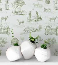 Papel de parede toile de jouy branco e verde 707-2184