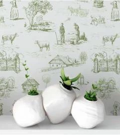 Papel de parede toile de jouy branco e verde