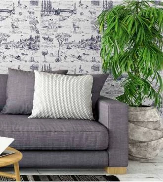 Papel de parede toile de jouy branco e azul