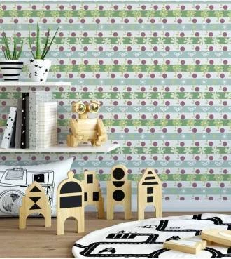 Papel de parede infantil com listras e floral