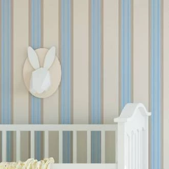 Papel de parede listrado azul claro e creme