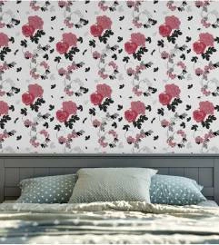 Papel de parede floral com pequenas rosas vermelhas