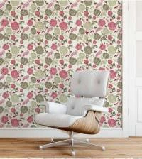 Papel de parede foral em tons pasteis de cinza e vermelho 1074-2486