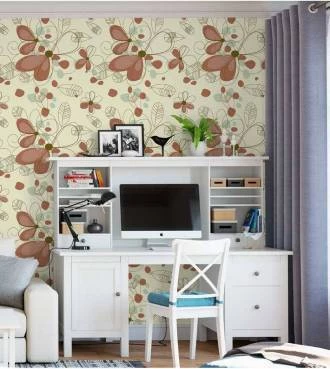 Papel de parede Floral com flores vermelhas e fundo amarelo