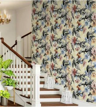 Papel de parede floral com flores azuis vermelho e laranja
