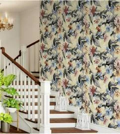 Papel de parede floral com flores azuis vermelho e laranja