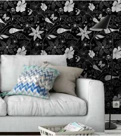 Papel de parede floral em tons de branco e preto