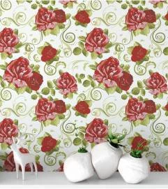 Papel de parede floral com fundo bege e rosas vermelhas