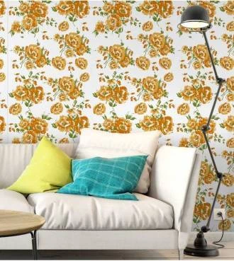 Papel de parede floral com flores laranja e fundo branco