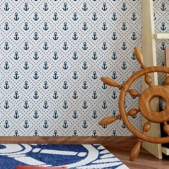 Papel de parede ancora azul marinho e branco poá