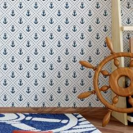 Papel de parede ancora azul marinho e branco poá