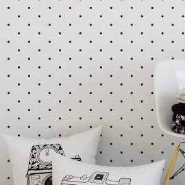 Papel de parede poá com fundo branco e bolinhas pretas