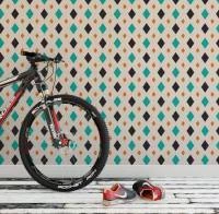 Papel de parede geométrico xadrez laranja preto e verde 1292-2823