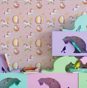 Papel de parede de unicórnios branco e rosa
