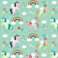 Papel de parede unicórnios e flores em fundo azul