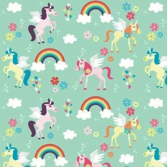 Papel de parede unicórnios e flores em fundo azul