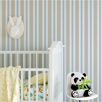 Papel de parede listrado bege, branco e azul acizentado