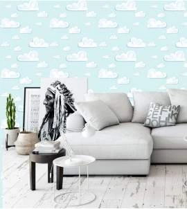 Papel de parede infantil com nuvens brancas e fundo azul