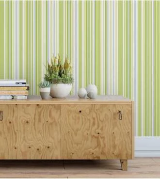 Papel de parede listrado em tons de verde, azul e branco