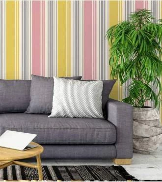 Papel de parede listrado cinza rosa e amarelo