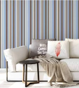 Papel de parede listrado com listras em tons de azul menino