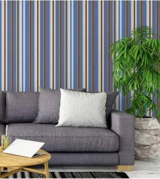 Papel de parede listrado com listras em tons de azul infantil