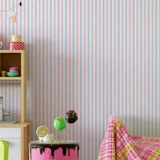 Papel de parede listrado azul, branco e rosa.