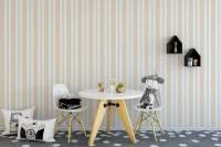 Papel de parede listrado bege e azul claro infantil 1513-3566