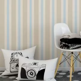 Papel de parede listrado bege e azul claro infantil