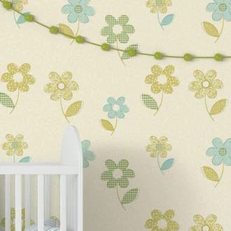 Papel de Parede Girl Floral Verde, Azul e Amarelo