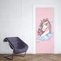 Adesivo de porta Unicórnio com fundo rosa 1570-3655