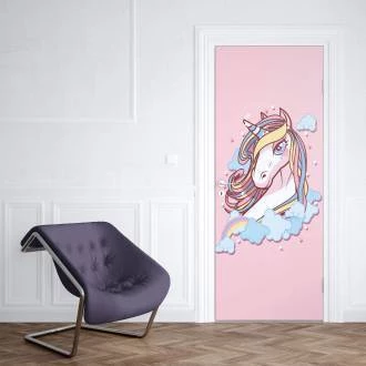 Adesivo de porta Unicórnio com fundo rosa