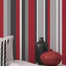 Papel de parede listrado vermelho, cinza e branco