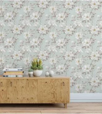 Papel de parede floral em tons pasteis em verde