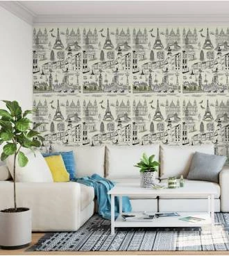 Papel de parede com fundo bege e detalhes em verde e preto - Contemporâneo 22