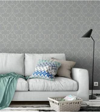 Papel de parede com fundo simulando jeans com detalhes arabescos na cor nude