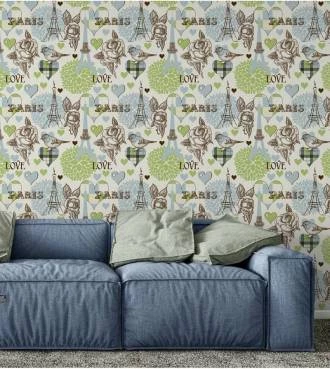 Papel de parede em tons claros verde limão azul e detalhes em preto e marrom escuro - Contemporâneo 19