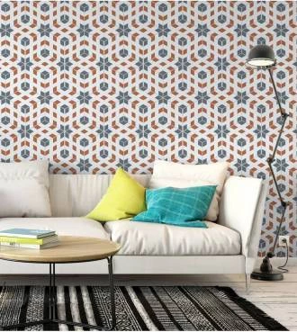 Papel de parede com fundo claro e detalhes em tons azul e vermelho - Contemporâneo 09