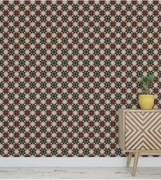 Papel de parede com Fundo Bege com Detalhes em Tons de Preto e Vermelho