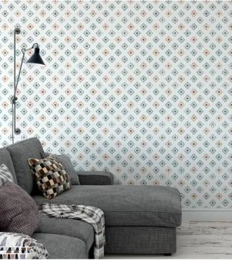 Papel de parede com Fundo Branco com detalhes em tons de Azul e Bege