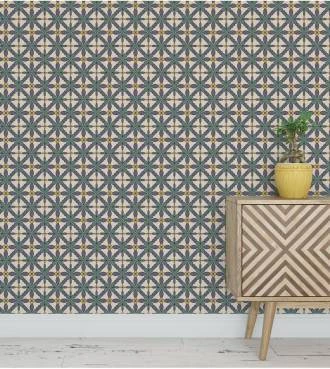 Papel de parede com Fundo Bege com Detalhes em Tons de Roxo Verde e Amarelo