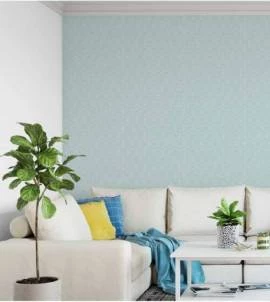 Papel de parede minimalista em cores azul claro com detalhes em verde claro e branco.